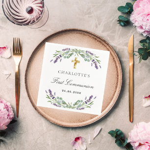 Lavender greenery violet florals First Communion Napkin
