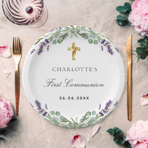 Lavender greenery violet florals First Communion Paper Plate