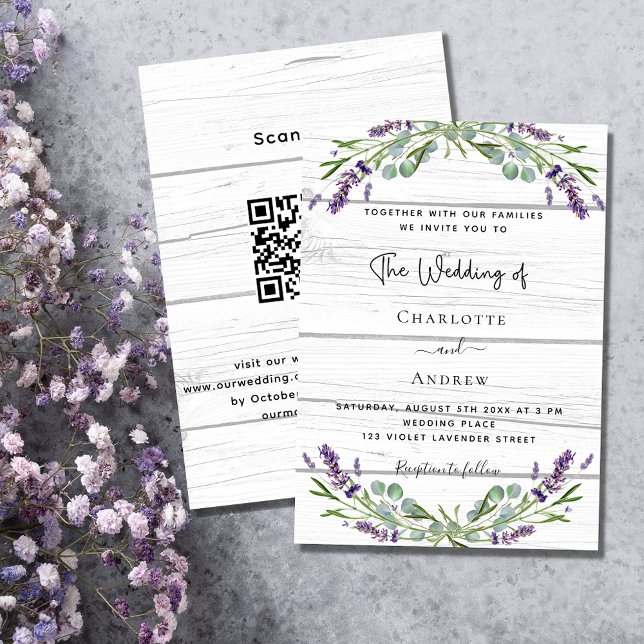 Lavender greenery white wood QR code wedding Invitation (Creator Uploaded)
