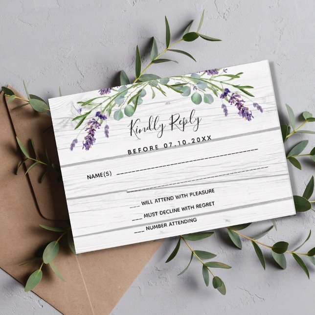 Lavender greenery white wood wedding response RSVP Card (Creator Uploaded)