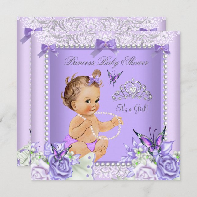 Lavender Grey Baby Shower Girl Brunette Invitation (Front/Back)