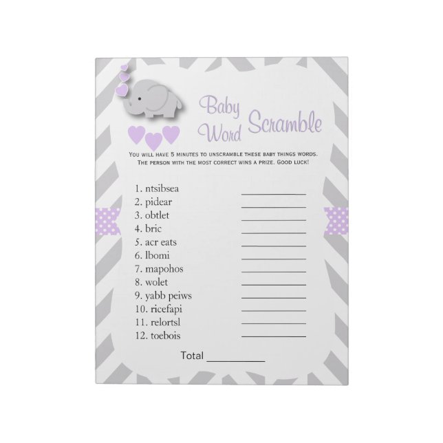 Lavender & Grey Elephant Baby Shower Word Game Notepad (Rotated)