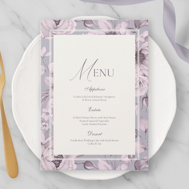 Lavender Grey Floral Wedding Menu Invitation (Creator Uploaded)