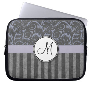 Lavender Grey Floral Wisps & Stripes with Monogram Laptop Sleeve