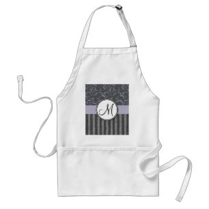 Lavender Grey Floral Wisps & Stripes with Monogram Standard Apron