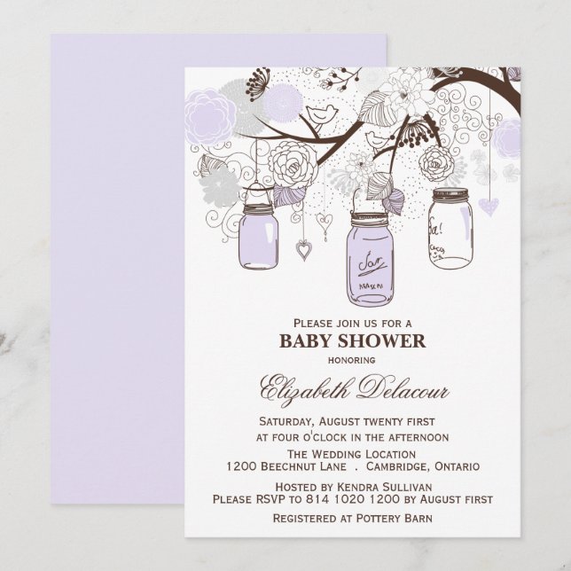 Lavender & Grey Mason Jars Baby Shower Invitation (Front/Back)