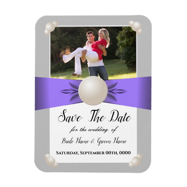 Lavender & Grey Pearl Ribbon Photo Save The Date Magnet (Vertical)