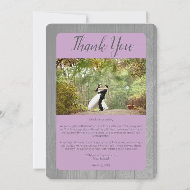 Lavender Grey Rustic Horseshoe Photo Wedding Thank You Card (Front)