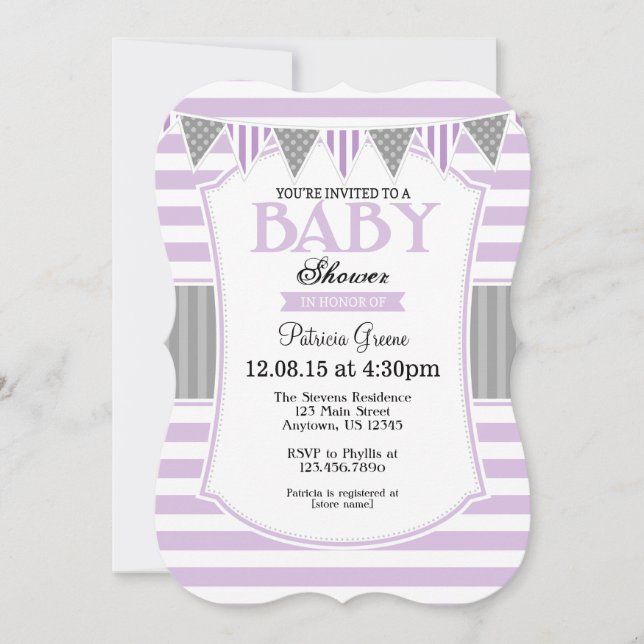 Lavender Grey Stripes Baby Shower Invitation (Front)