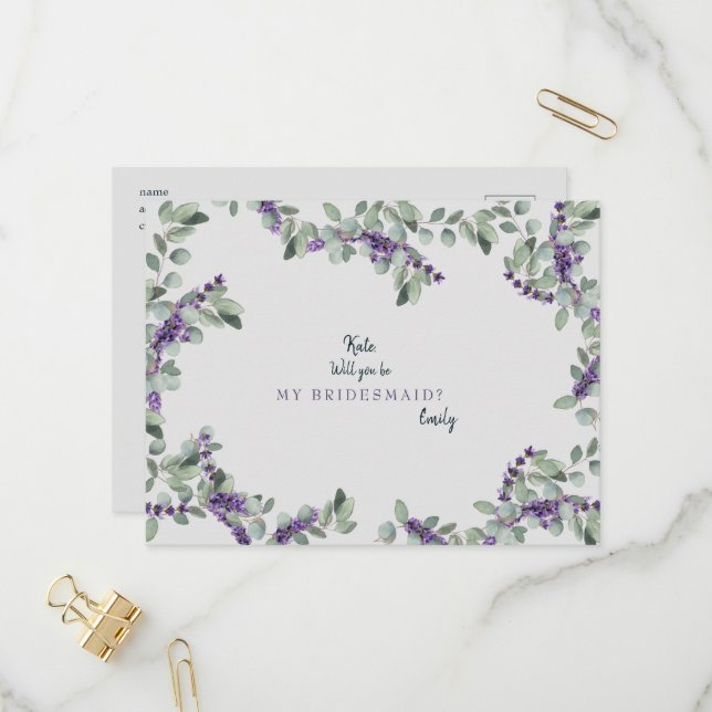 Lavender Grey Wedding Will You be My Bridesmaid Invitation Postcard (Front/Back In Situ)