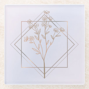 Lavender grey with golden floral design glass coaster