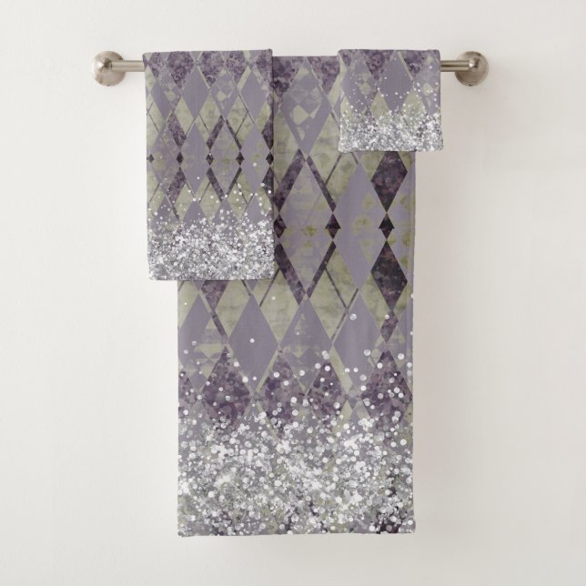 Lavender Grunge Harlequin Glitter  Bath Towel Set (Insitu)