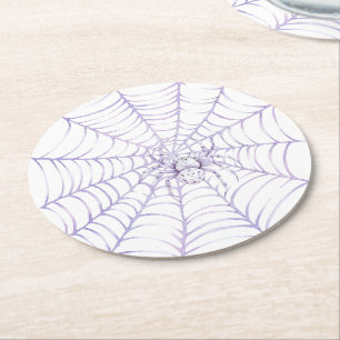 Lavender Halloween Spider on Web Round Paper Coaster