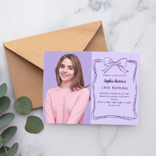 Lavender hand-drawn bow photo birthday invitation postcard