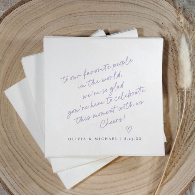 Lavender Handwritten Love Note Style Wedding Napkin (Lavender love note wedding napkin with handwritten note, heart, and modern script design.)