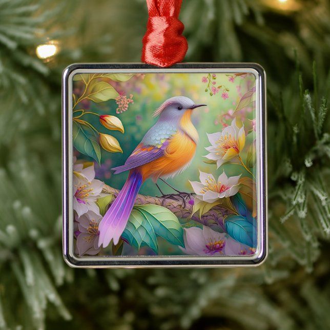 Lavender Headed Orange Breasted Fantasy Bird Metal Ornament (Tree)