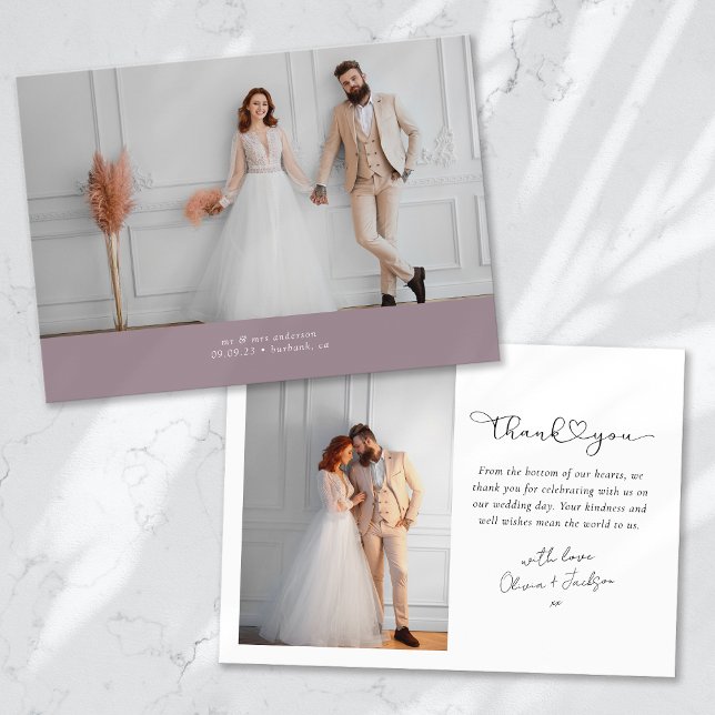 Lavender Heart 2 Photo Calligraphy Wedding Thank You Card (Creator Uploaded)