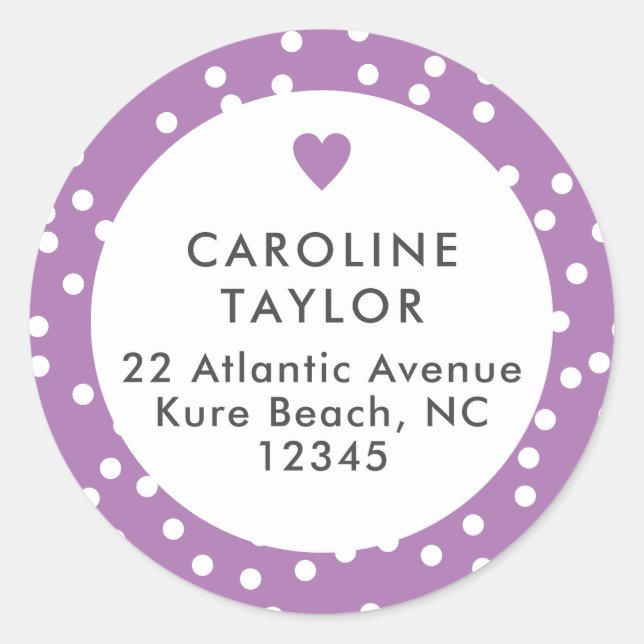 Lavender Heart & Dots Cute Purple Girly Address Classic Round Sticker (Front)