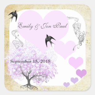 Lavender Heart Leaf Tree Wedding Square Sticker