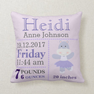 Lavender Hippo Ballerina birth announcement stats Cushion