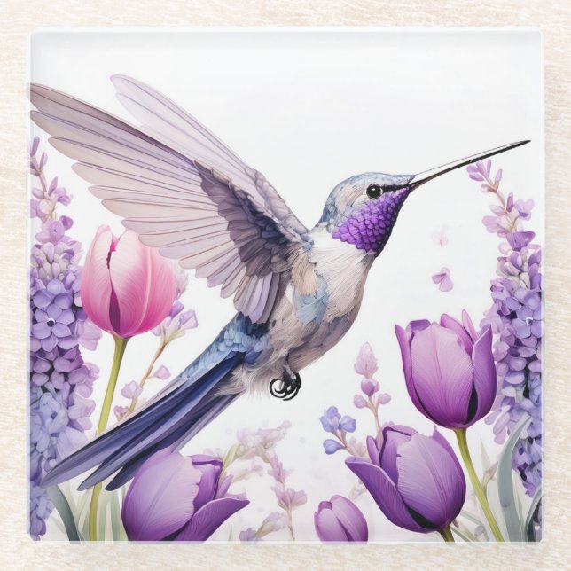 Lavender Hummingbird surrounded by flowers Glass Coaster (Front)