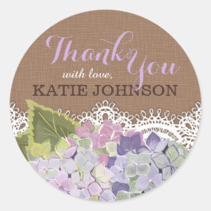 Lavender Hydrangea and Lace Rustic Thank You Classic Round Sticker