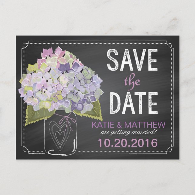 Lavender Hydrangea Chalkboard Save the Date Announcement Postcard (Front)