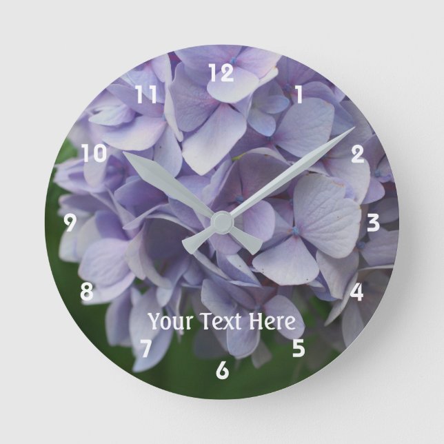 Lavender Hydrangea Flower Petals Personalized Round Clock (Front)