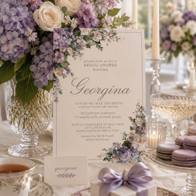 Lavender Hydrangea Ivory Monogram Bridal Shower Invitation (Creator Uploaded)
