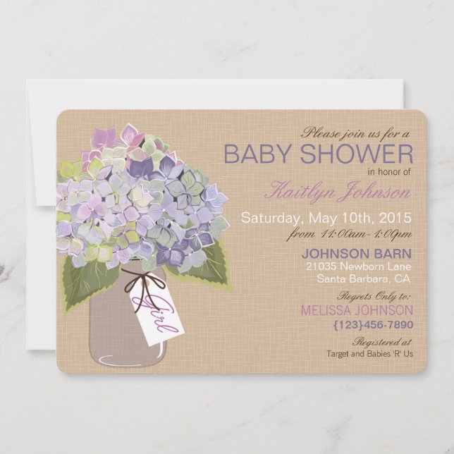 Lavender Hydrangea Mason Jar Rustic Baby Shower Invitation (Front)