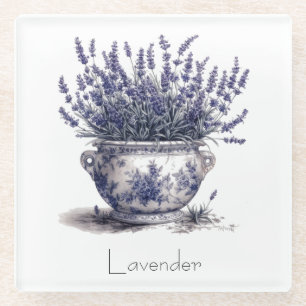 Lavender in Delft Blue customisable Glass Coaster