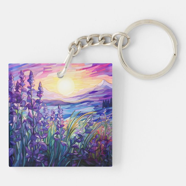 Lavender in field, mountain background keychain (Back)