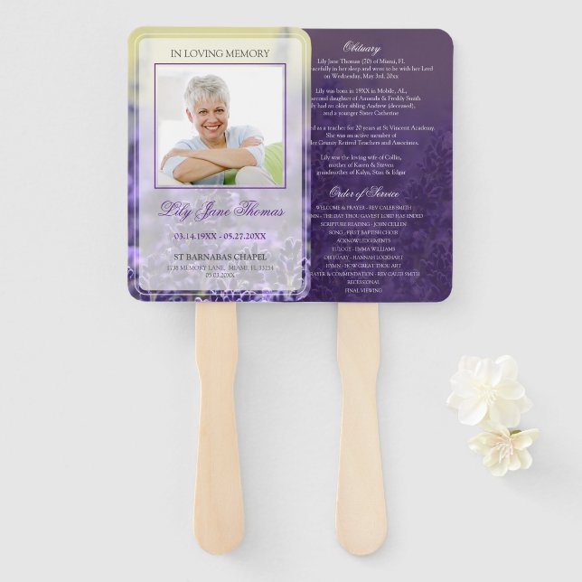 Lavender In Loving Memory Funeral Program Hand Fan (Front and Back)