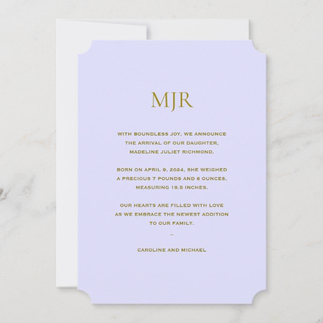 Lavender Initials Girl Birth Announcement (Front)