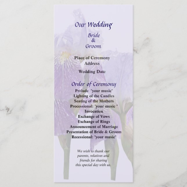 Lavender Iris Couple Wedding Program (Front)