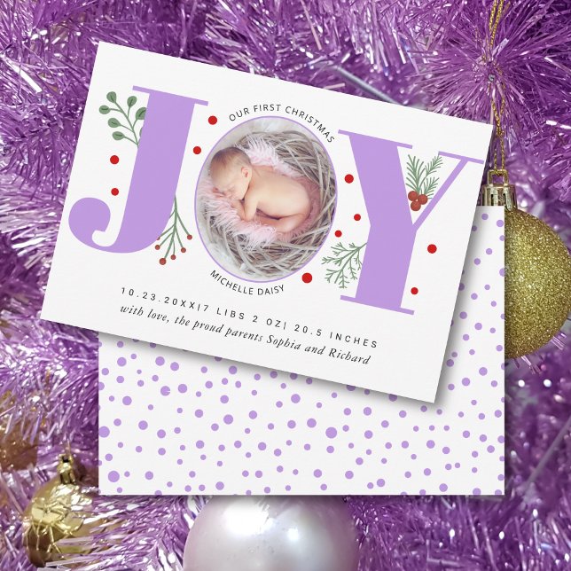 Lavender Joy First Christmas photo baby birth Announcement (Creator Uploaded)