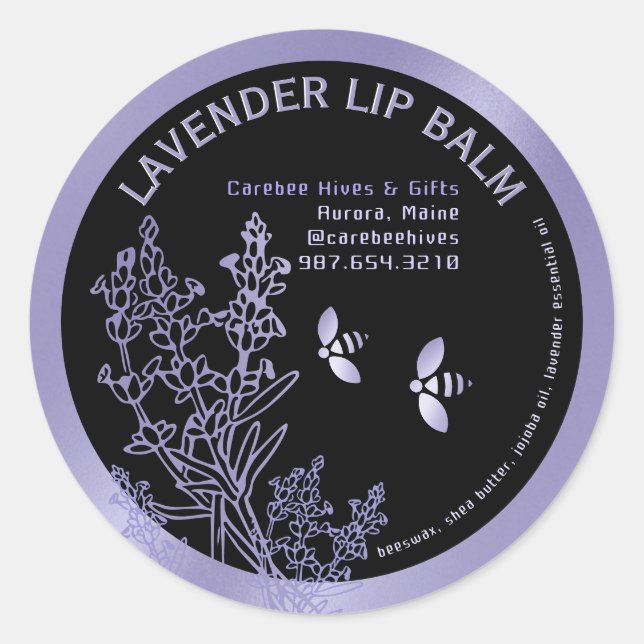 Lavender Label for Lip Balm flowers and bees (Front)