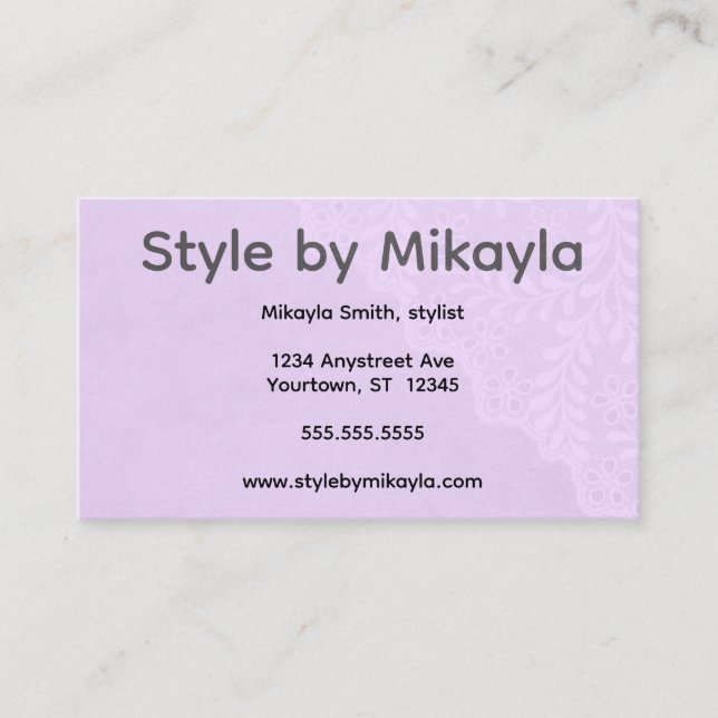 Lavender Lace Beautician Stylist Event Planner Business Card (Front)