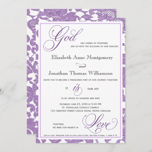 Lavender Lace God is Love Christian Wedding Invitation (Front/Back)
