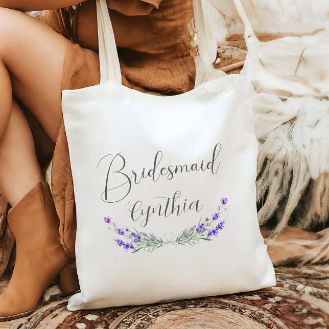 Lavender Laurel Bridesmaid Wedding  Tote Bag (Bridesmaid Wedding Tote with Lavender Laurels and Script Font
)