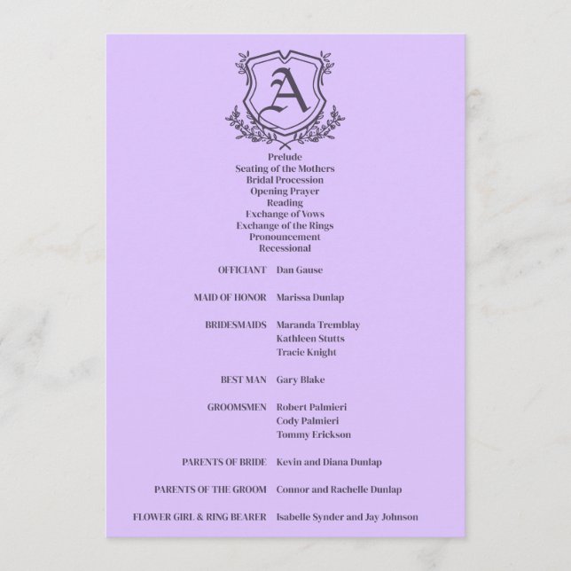 Lavender Leaf and Floral Monogram Wedding Program (Front)