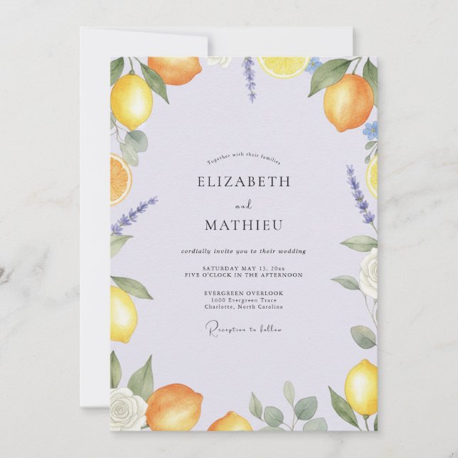 Lavender Lemon Citrus Eucalyptus Wedding Invitation (Front)