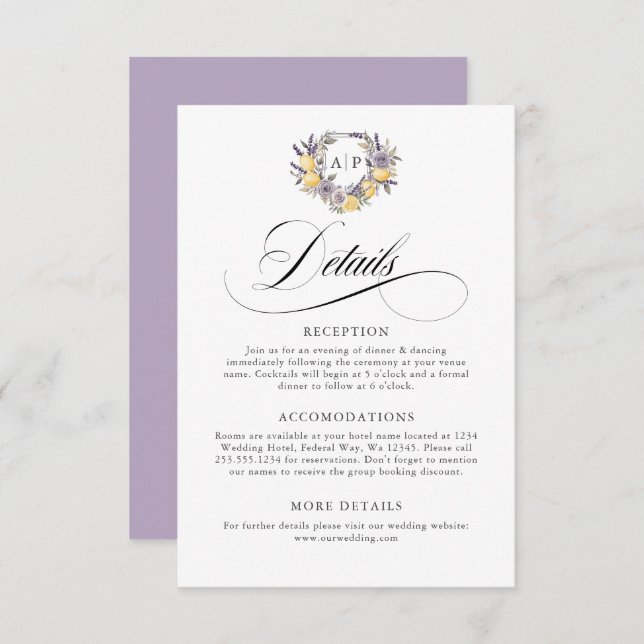 Lavender Lemon Monogram Floral Crest Details Enclosure Card (Front/Back)