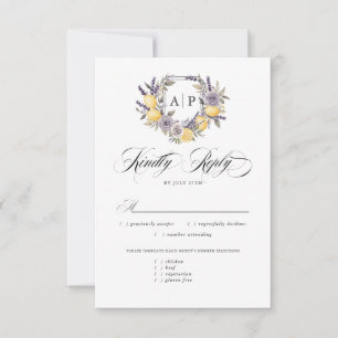 Lavender Lemon Monogram Floral Crest Meal Options RSVP Card