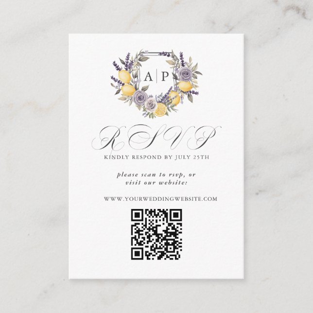 Lavender Lemon Monogram Floral Crest QR RSVP Enclosure Card (Front)