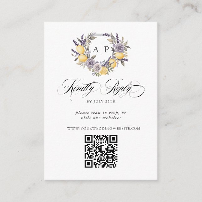Lavender Lemon Monogram Floral Crest QR RSVP Enclosure Card (Front)
