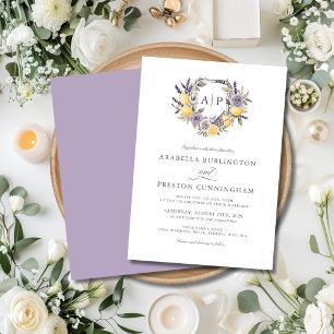 Lavender Lemon Monogram Floral Crest Wedding Invitation