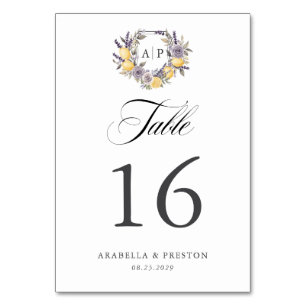 Lavender Lemon Monogram Floral Crest Wedding Table Number
