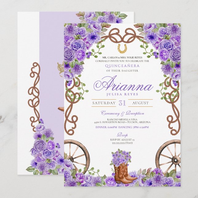 Lavender Light Purple Western Charra Quinceañera Invitation (Front/Back)