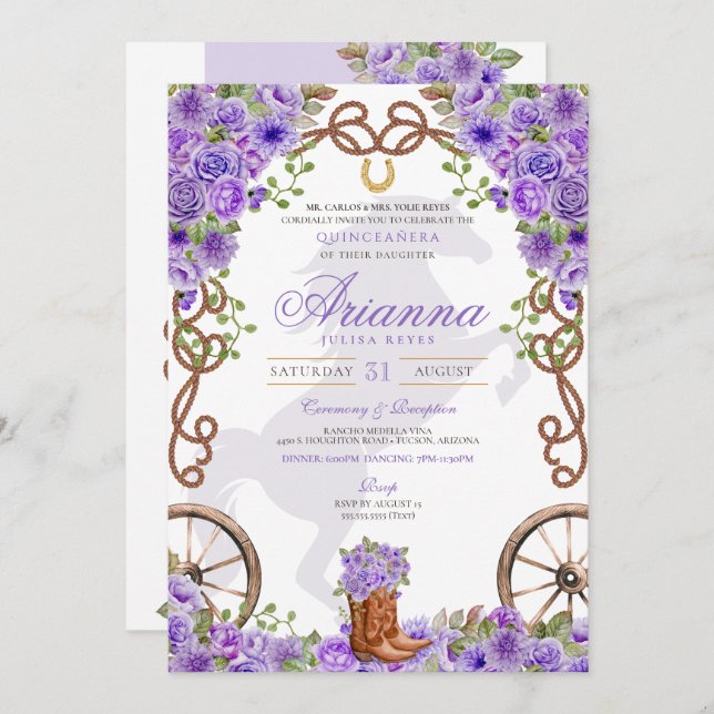 Lavender Light Purple Western Charro Quinceañera Invitation (Front/Back)